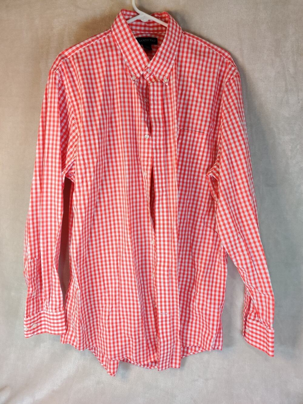 Lands' End Men's 17-36 TALL Regular Fit No Iron Oxford Red Plaid Shirt